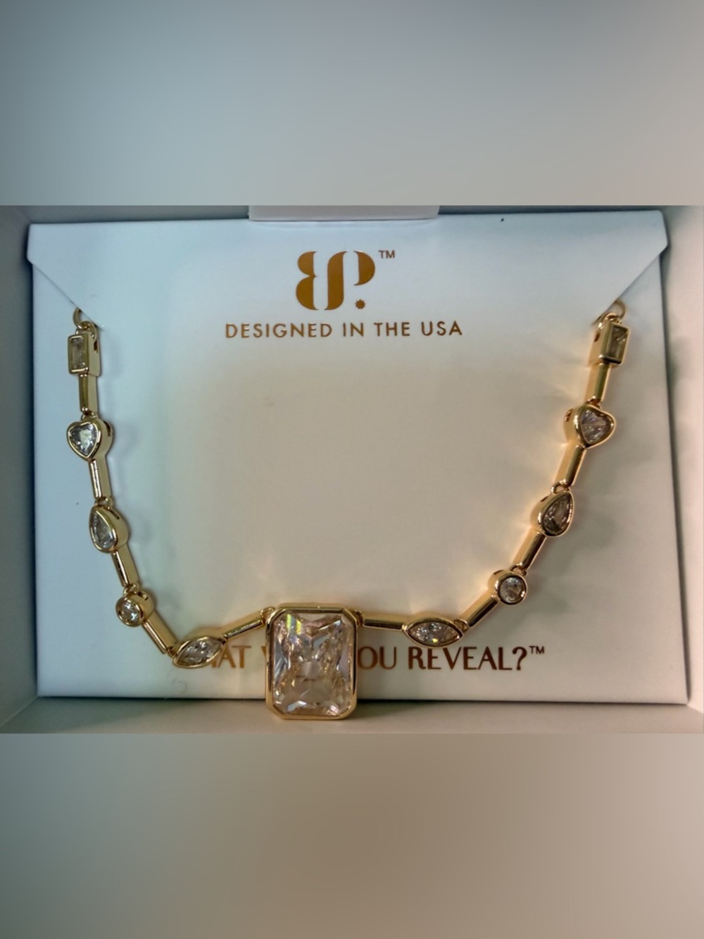 Bomb Party ‘The Maude Necklace’ Gold-Tone Necklace with Clear Rectangular Stone